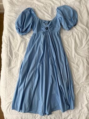 Abercrombie & Fitch O-Ring Puff Sleeve Midi Dress M Blue Tie Back Bow Sundress
